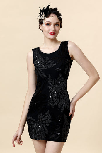 Embroidered Black Sequins Retro 1920s Dress