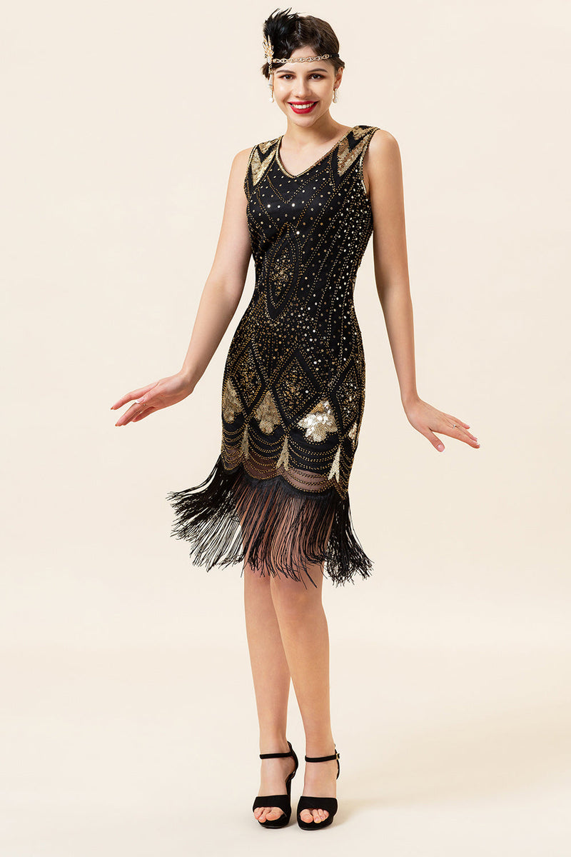 Load image into Gallery viewer, Black Fringe Great Gatsby Party Dress With 20s Accessories Set