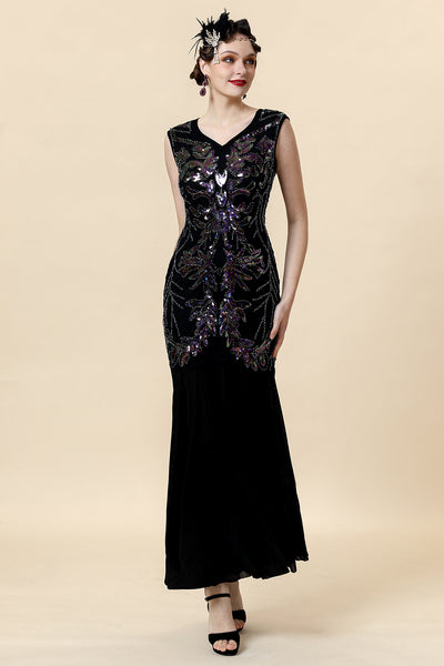 V Neck Black Sequins Long Formal Dress