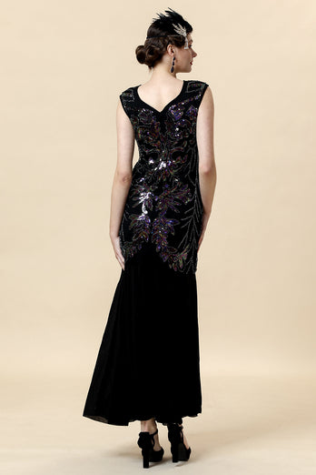 V Neck Black Sequins Long Formal Dress