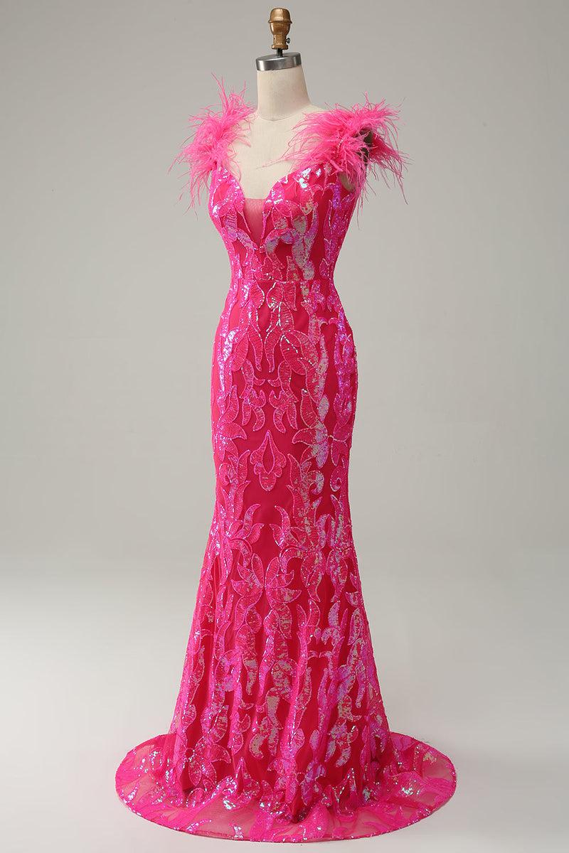 Load image into Gallery viewer, Mermaid Deep V Neck Fuchsia Sequins Long Prom Dress with Feathers