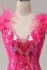 Load image into Gallery viewer, Mermaid Deep V Neck Fuchsia Sequins Long Prom Dress with Feathers