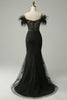 Load image into Gallery viewer, Off the Shoulder Black Mermaid Prom Dress with Feathers