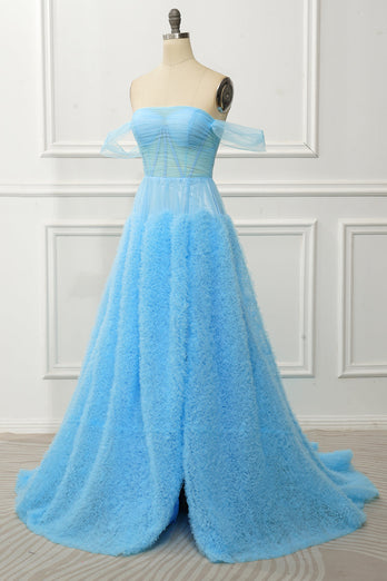 A Line Off the Shoulder Blue Corset Prom Dress with Ruffled