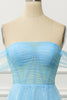 Load image into Gallery viewer, A Line Off the Shoulder Blue Corset Prom Dress with Ruffled