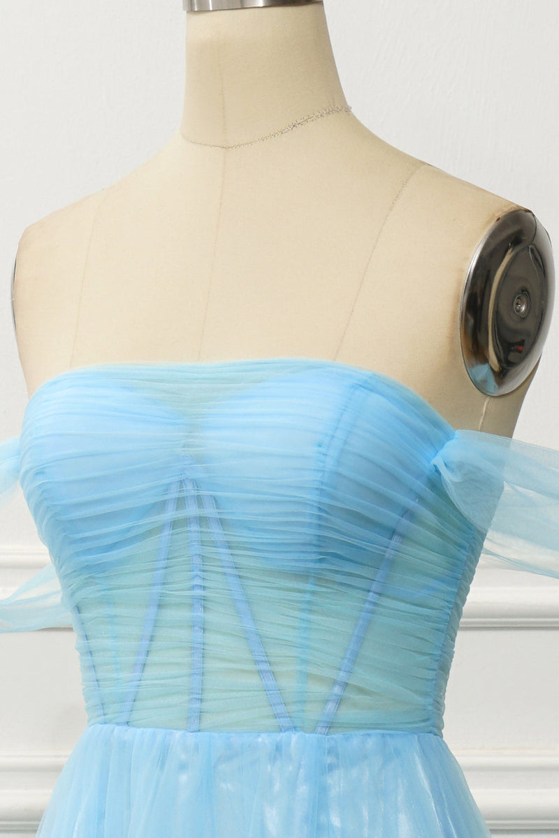 Load image into Gallery viewer, A Line Off the Shoulder Blue Corset Prom Dress with Ruffled