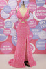 Load image into Gallery viewer, Fuchsia Sequined V-Neck Cut Out Prom Dress