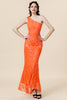 Load image into Gallery viewer, Orange One Shoulder Sequins Prom Dress