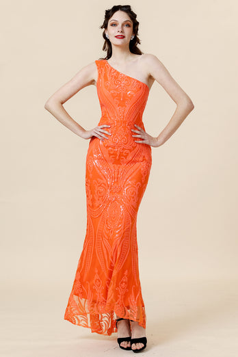 Orange One Shoulder Sequins Prom Dress