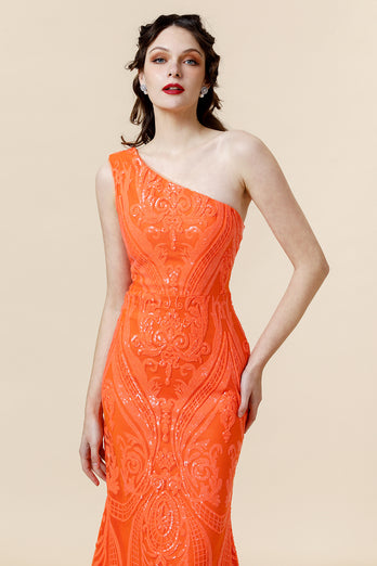 Orange One Shoulder Sequins Prom Dress
