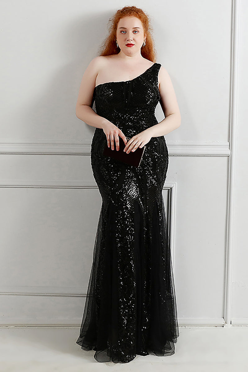 Load image into Gallery viewer, Sequins Tulle Black Sparkly One Shoulder Plus Size Prom Dress