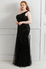 Load image into Gallery viewer, Sequins Tulle Black Sparkly One Shoulder Plus Size Prom Dress