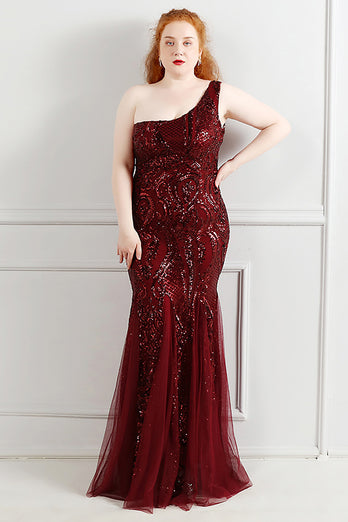 Sequins Tulle Black Sparkly One Shoulder Plus Size Prom Dress