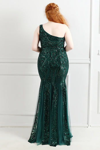 Sequins Tulle Black Sparkly One Shoulder Plus Size Prom Dress