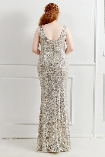 Silver Sequins V-Neck Prom Dress