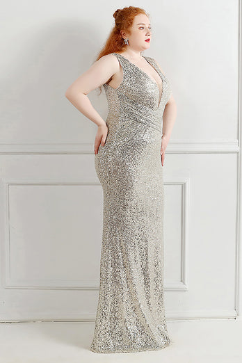 Silver Sequins V-Neck Prom Dress