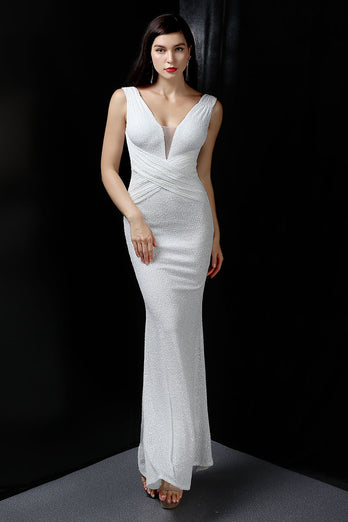 Silver Sequins V-Neck Prom Dress