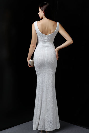 Silver Sequins V-Neck Prom Dress