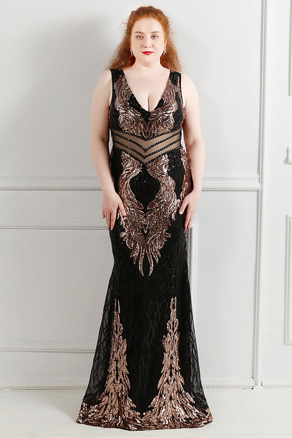 Luxurious Black Golden V-Neck Beaded Party Dress