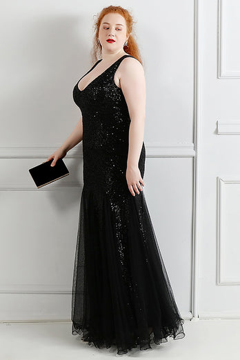 Black V-Neck Sequins Tulle Plus Size Prom Dress