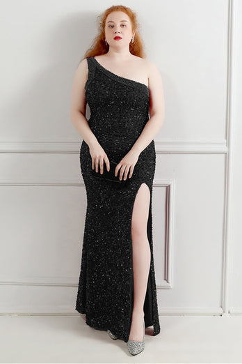 Sequin One Shoulder Black Plus Size Prom Dress With Split Front