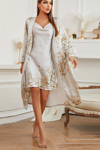 Light Grey Cherry Printed Bridal Robes and Slip Robes