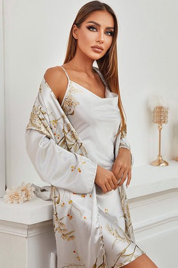 Light Grey Cherry Printed Bridal Robes and Slip Robes