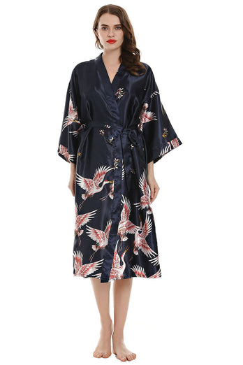 Black Crane Printed Kimono Bridal Party Robe