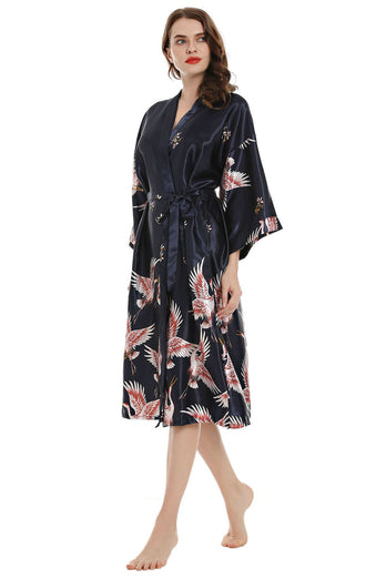 Black Crane Printed Kimono Bridal Party Robe