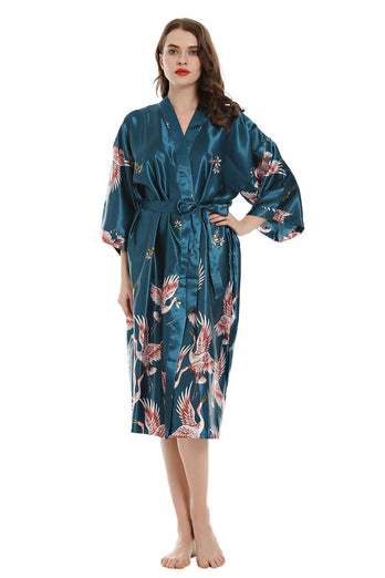 Black Crane Printed Kimono Bridal Party Robe