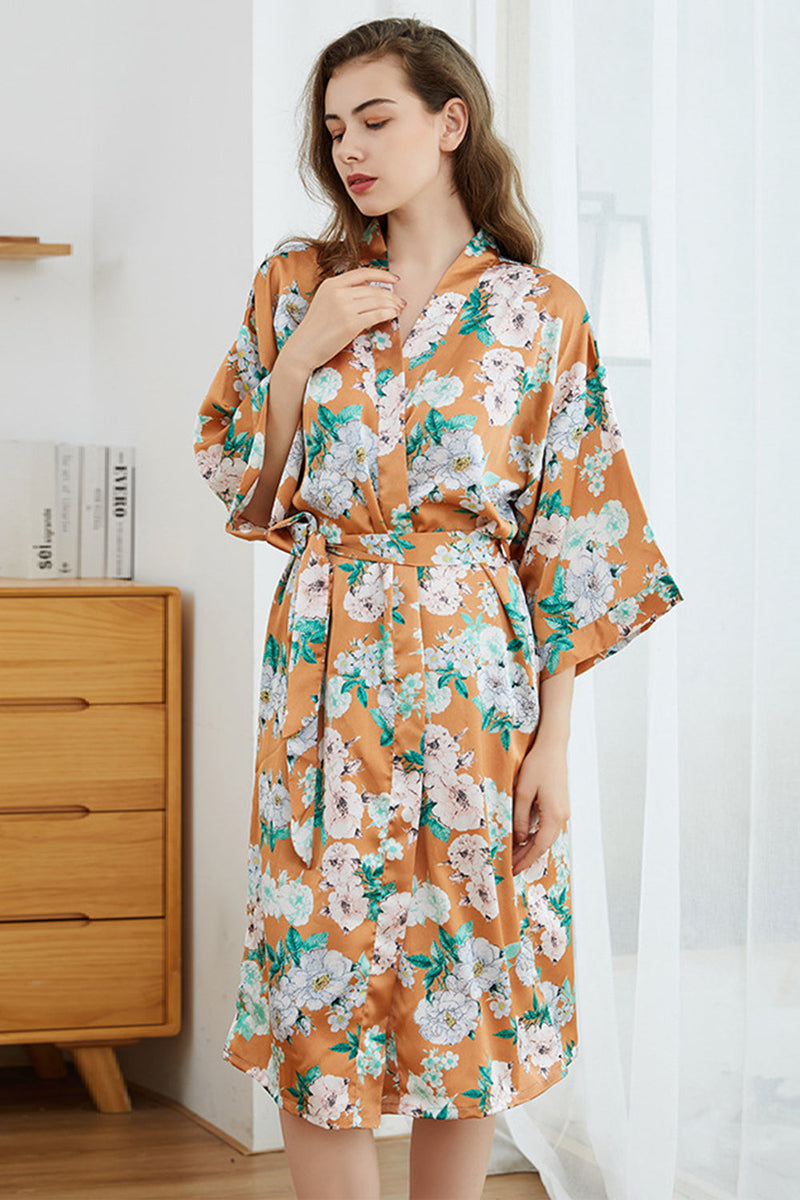 Load image into Gallery viewer, Orange Floral Boho Kimono Bridesmaid Robe