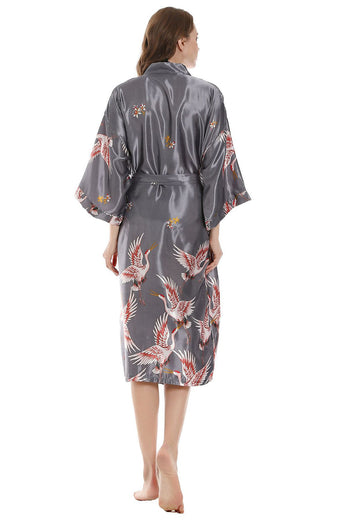 Grey Printed Kimono Bridal Party Robes