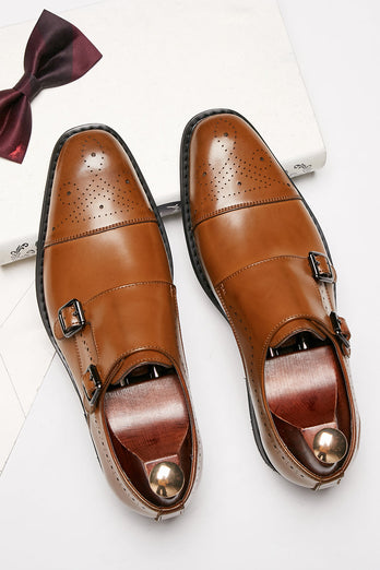 Brown Monk Strap Men's Leather Slip-On Dress Shoes