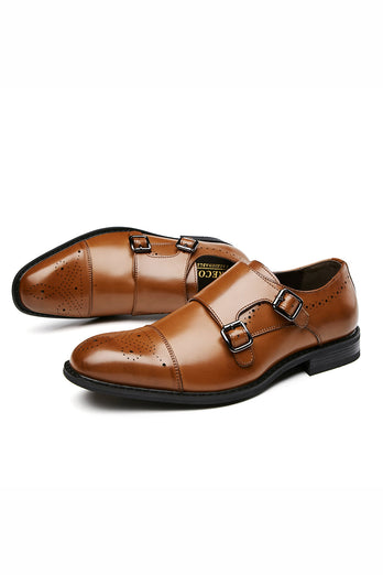 Brown Monk Strap Men's Leather Slip-On Dress Shoes