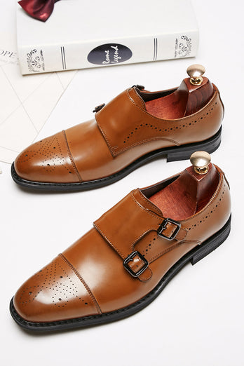 Brown Monk Strap Men's Leather Slip-On Dress Shoes