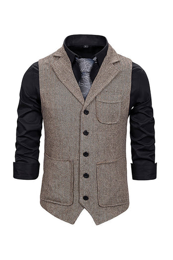 Brown Tweed Single Breasted Notched Lapel Men's Suit Vest