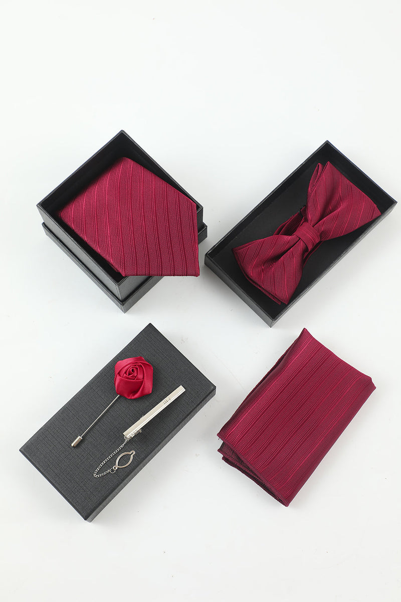 Load image into Gallery viewer, Burgundy Men&#39;s 5-Piece Accessory Set Tie and Bow Tie Pocket Square Flower Lapel Pin Tie Clip