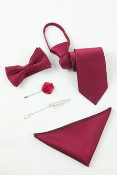 Burgundy Men's 5-Piece Accessory Set Tie and Bow Tie Pocket Square Flower Lapel Pin Tie Clip