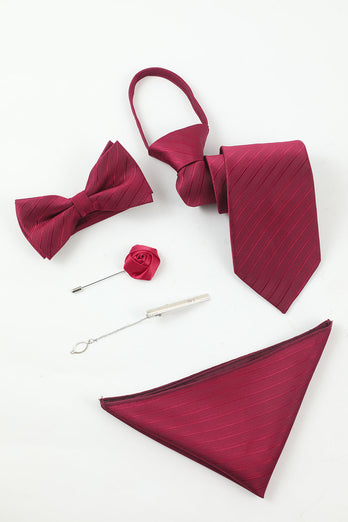 Burgundy Men's 5-Piece Accessory Set Tie and Bow Tie Pocket Square Flower Lapel Pin Tie Clip