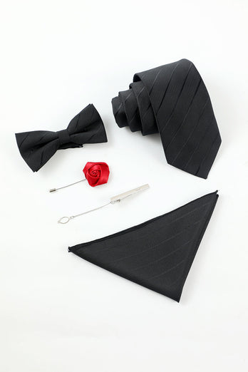 Black Stripe Men's 5-Piece Accessory Set Tie and Bow Tie Pocket Square Flower Lapel Pin Tie Clip