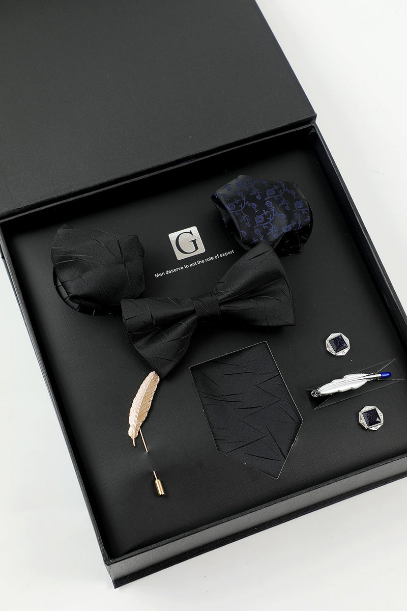 Load image into Gallery viewer, Black Men&#39;s Accessory Set Tie and Bow Tie Two Pocket Square Lapel Pin Tie Clip Cufflinks