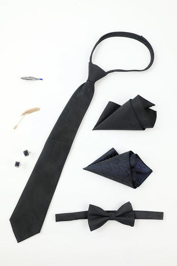 Black Men's Accessory Set Tie and Bow Tie Two Pocket Square Lapel Pin Tie Clip Cufflinks