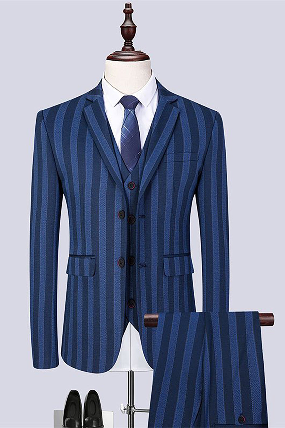 Grey Blue Stripe 3 Piece 2 Button Notch Lapel Men Suits