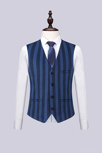 Grey Blue Stripe 3 Piece 2 Button Notch Lapel Men Suits