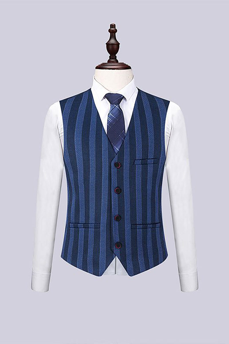 Load image into Gallery viewer, Grey Blue Stripe 3 Piece 2 Button Notch Lapel Men Suits