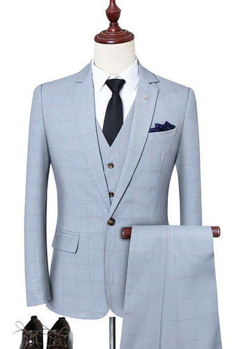 Light Blue Plaid Notch Lapel One Button 3-Piece Men Suit