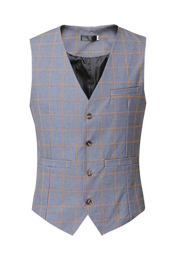 Grey Plaid 3-Piece Notch Lapel 2 Buttons Men Suit