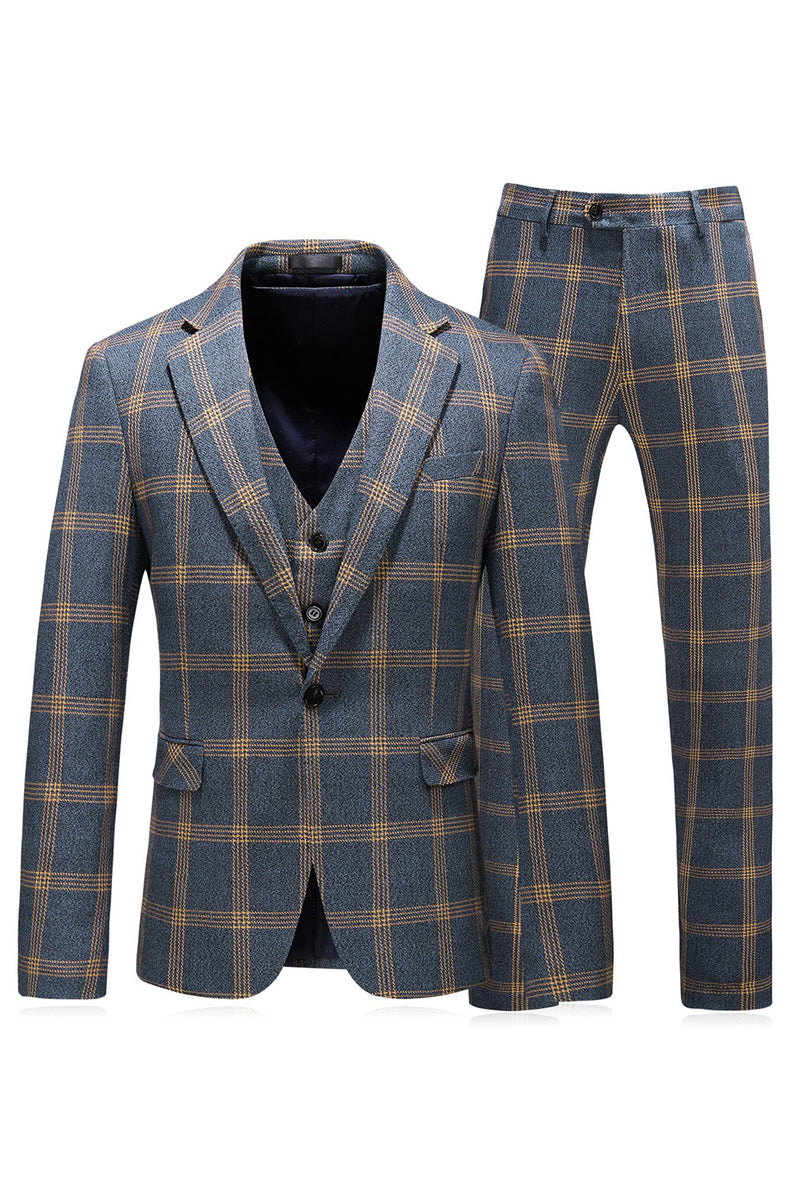 Load image into Gallery viewer, Grey Blue Plaid Notch Lapel One Button 3 Piece Men Suits