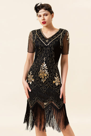 V Neck Black 1920s Flapper Dress