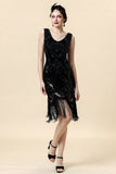 Black Sequins V-Neck Fringe 1920s Dress